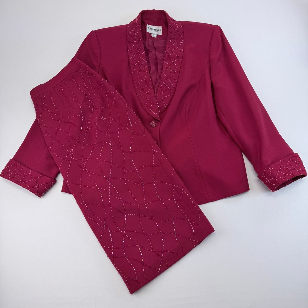 John Meyer of Norwich Magenta Beaded Skirt Suit Set Blazer Pencil Skirt 18W
